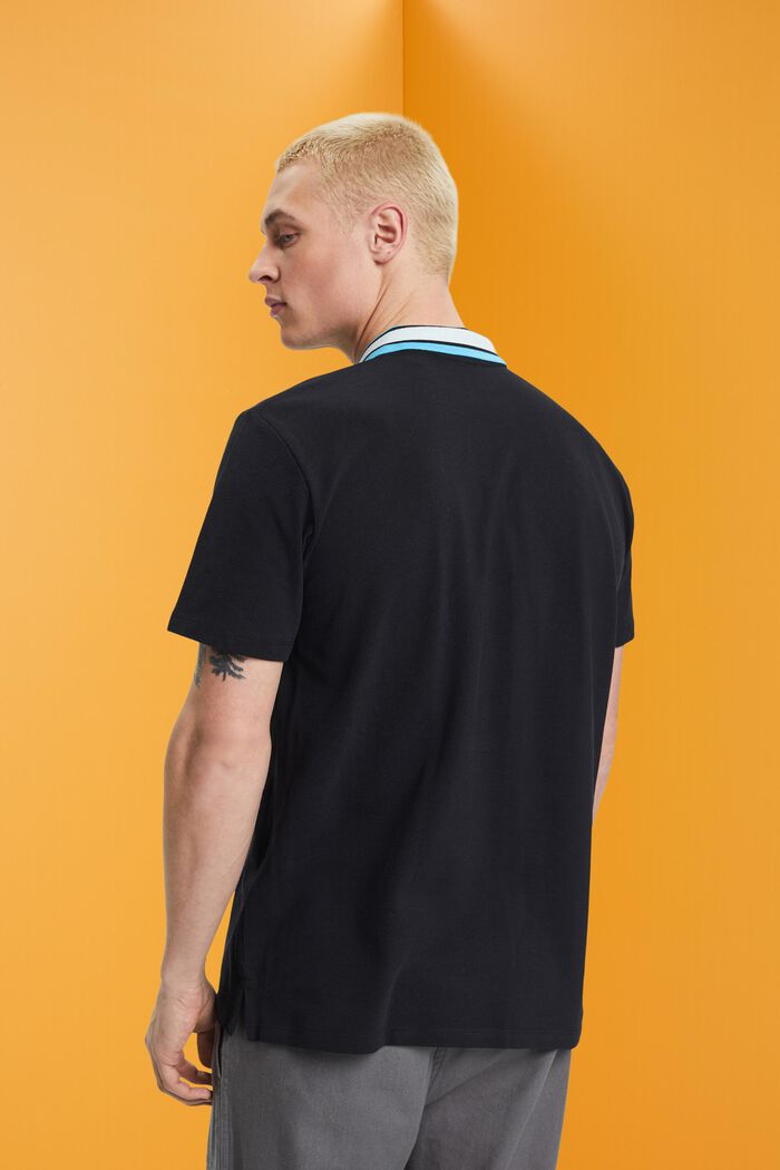 Cotton pique polo shirt with striped collar, BLACK, detail image number 3