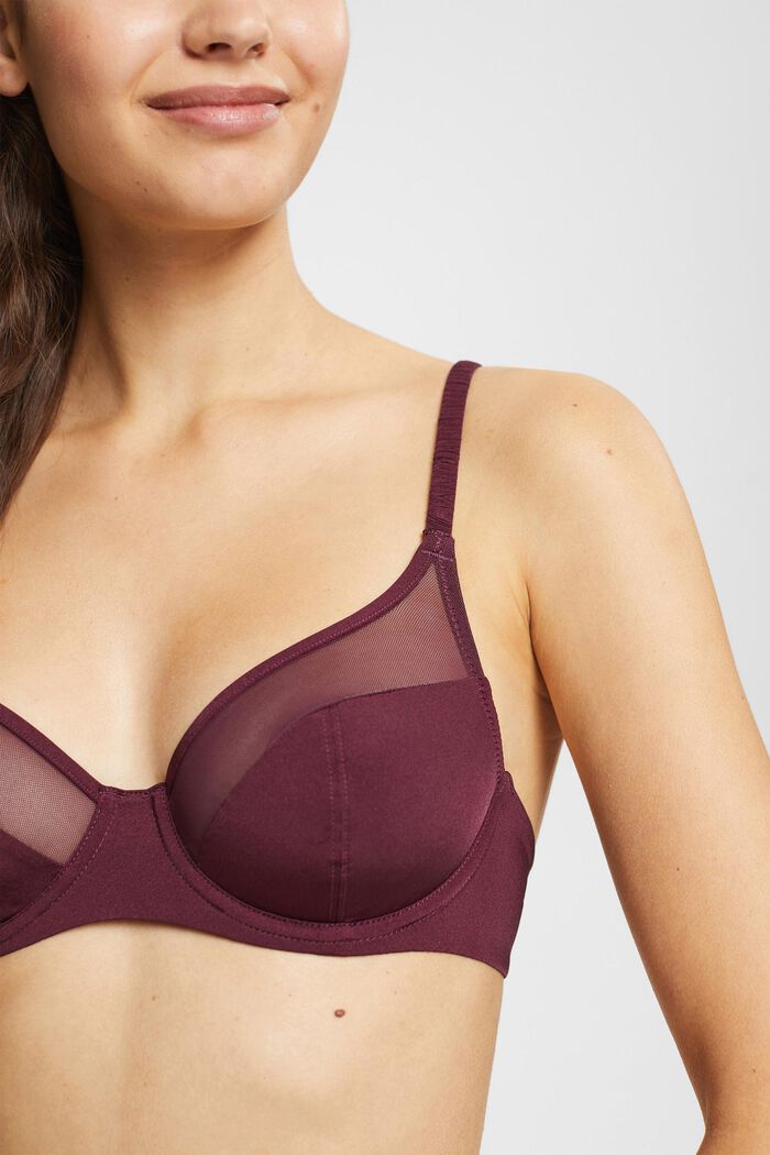 Underwired, plunge bra with mesh, BORDEAUX RED, detail image number 1