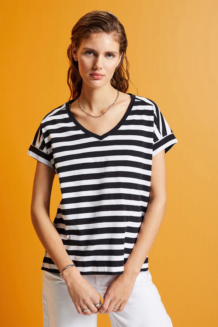 Striped v-neck cotton t-shirt, WHITE, detail image number 0