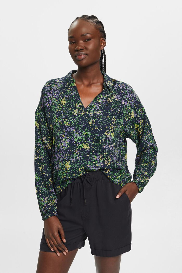 Cotton blouse with floral print, NAVY, detail image number 0