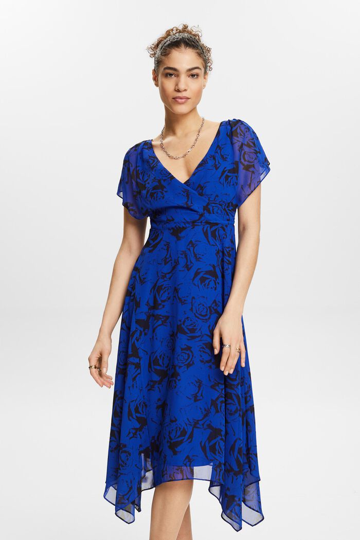 Printed V-Neck Chiffon Maxi Dress, BRIGHT BLUE, detail image number 0