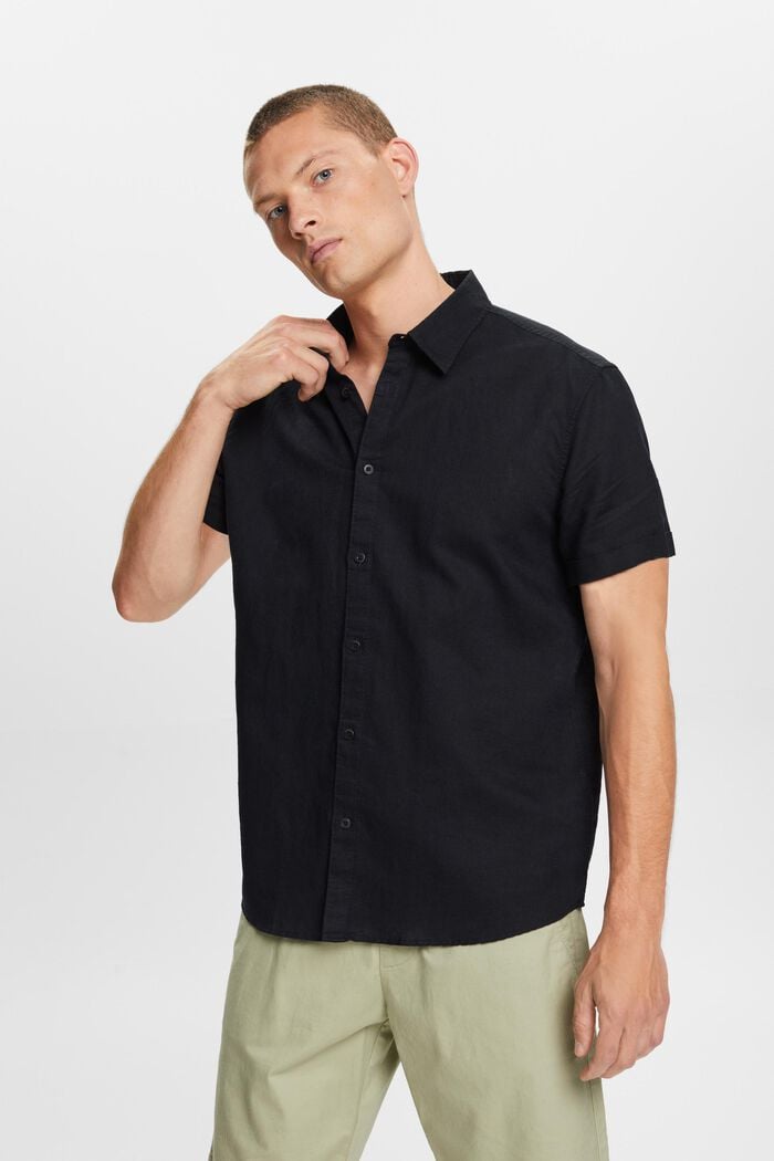 Linen and cotton blend short-sleeved shirt, BLACK, detail image number 0
