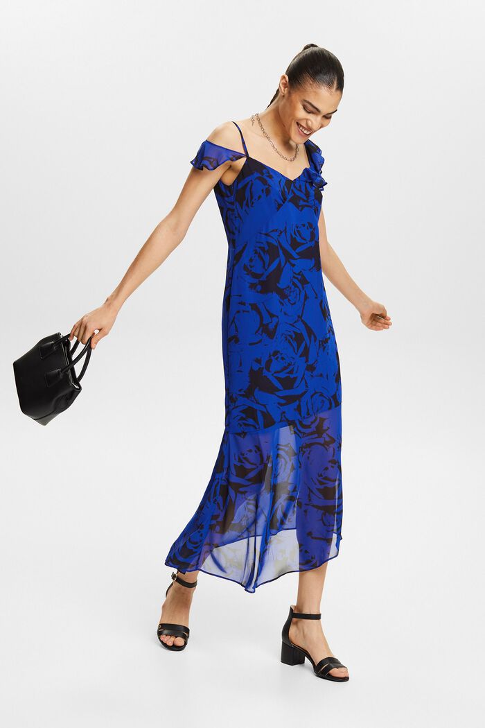 Off-The-Shoulder Printed Chiffon Midi Dress, BRIGHT BLUE, detail image number 1