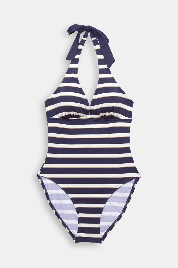 Striped halterneck swimsuit, NAVY, detail image number 4