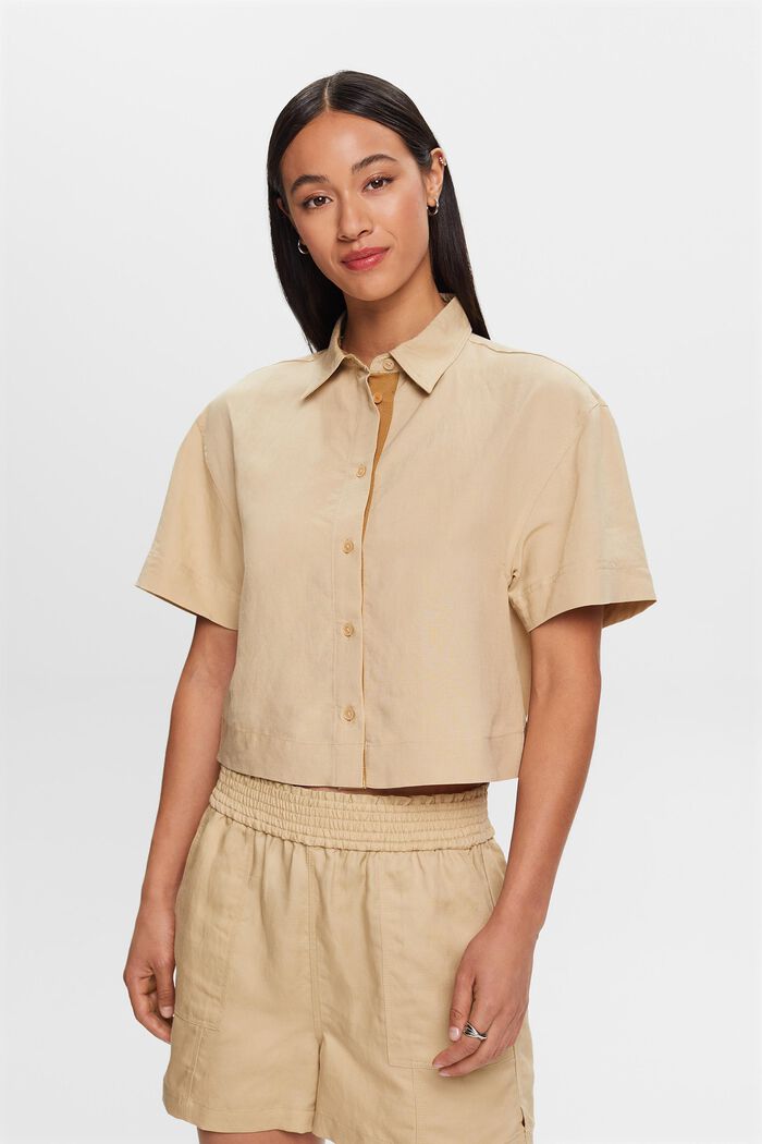 Cropped shirt blouse, linen blend, SAND, detail image number 0