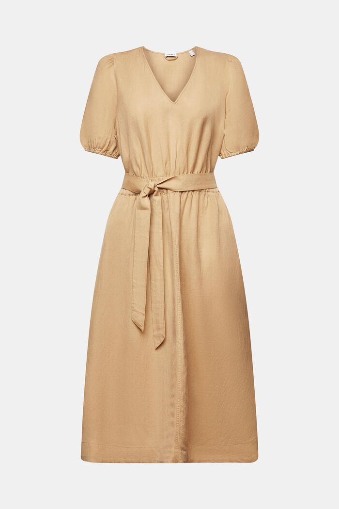 Belted Puff-Sleeve Midi Dress, BEIGE, detail image number 5