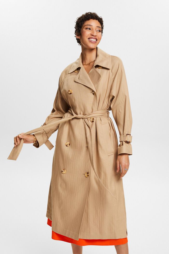 Cotton-Linen Double-Breasted Trench Coat, CREAM BEIGE, detail image number 0