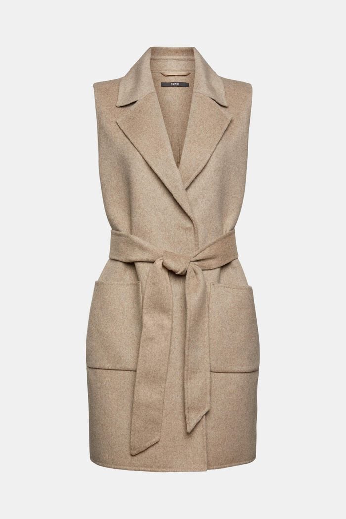 Made of recycled material: wool blend waistcoat with a belt, LIGHT TAUPE, overview