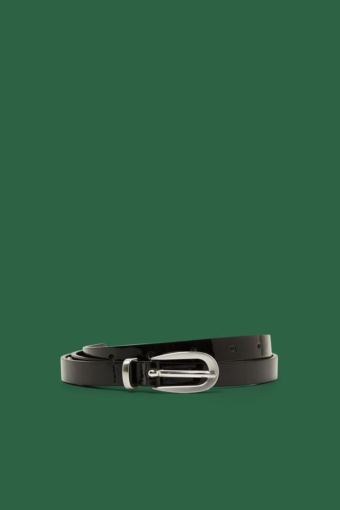 Skinny Faux Patent Leather Belt, BLACK, detail image number 0