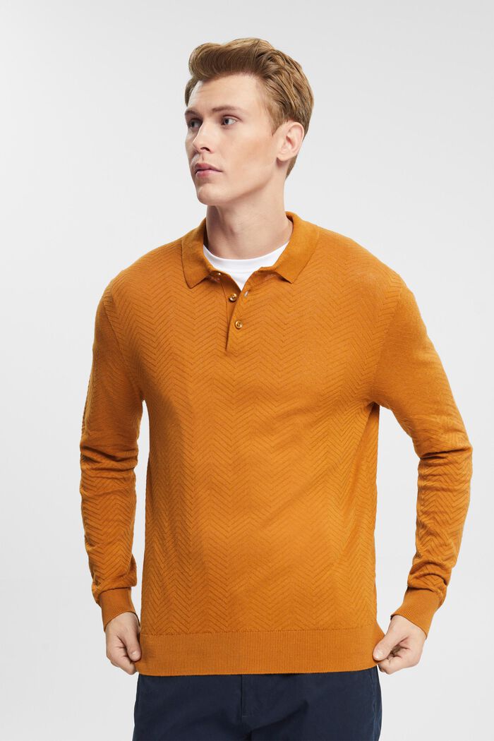 Textured long-sleeved polo shirt, CARAMEL, detail image number 0
