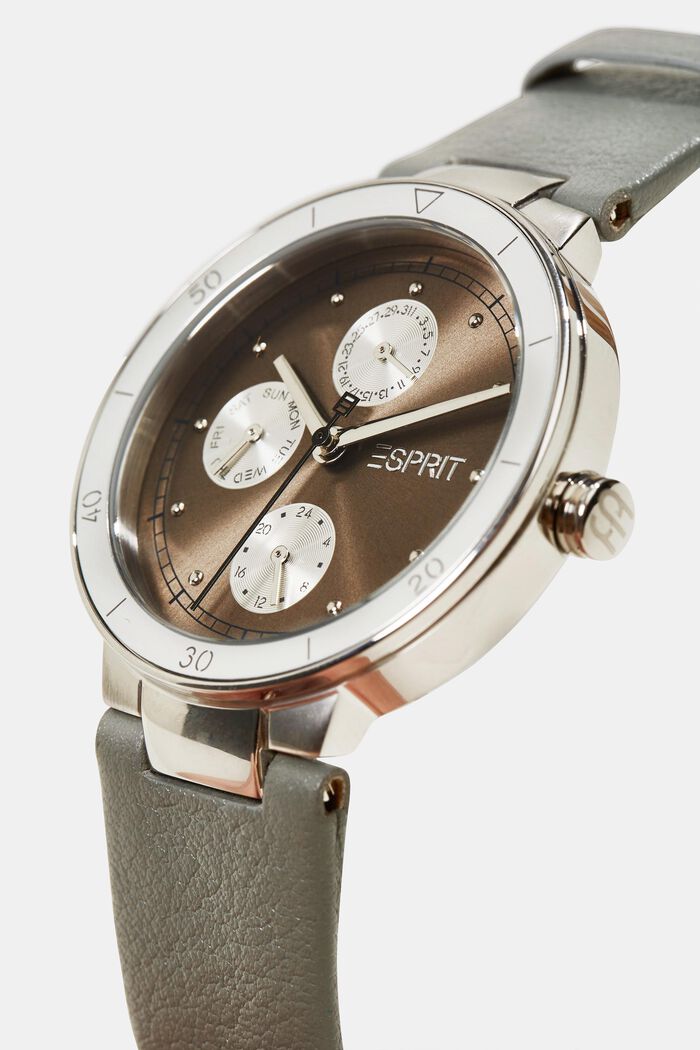 Stainless steel multifunctional watch with leather strap, GREY, detail image number 1