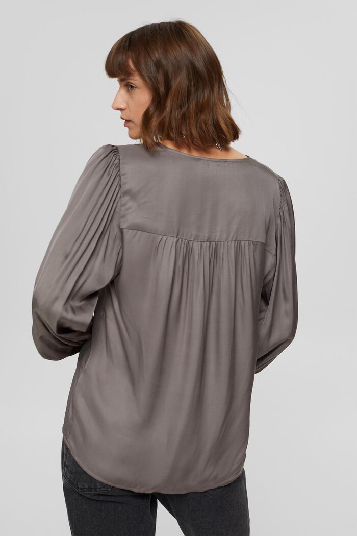 Satin blouse with balloon sleeves, GUNMETAL, detail image number 3