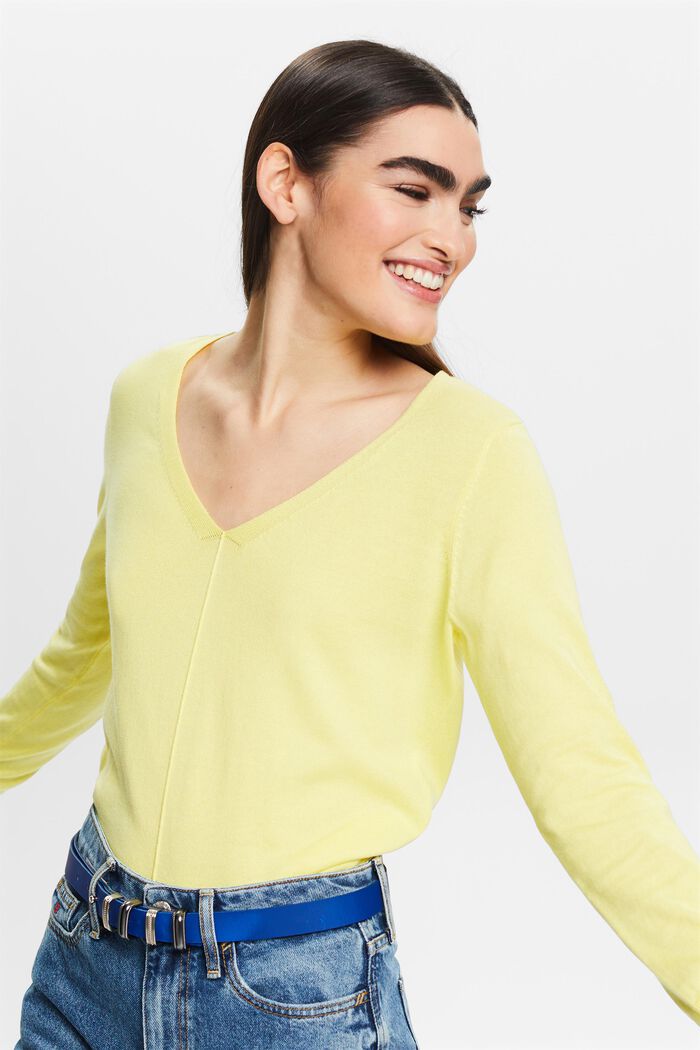 Cotton V-Neck Sweater, PASTEL YELLOW, detail image number 4