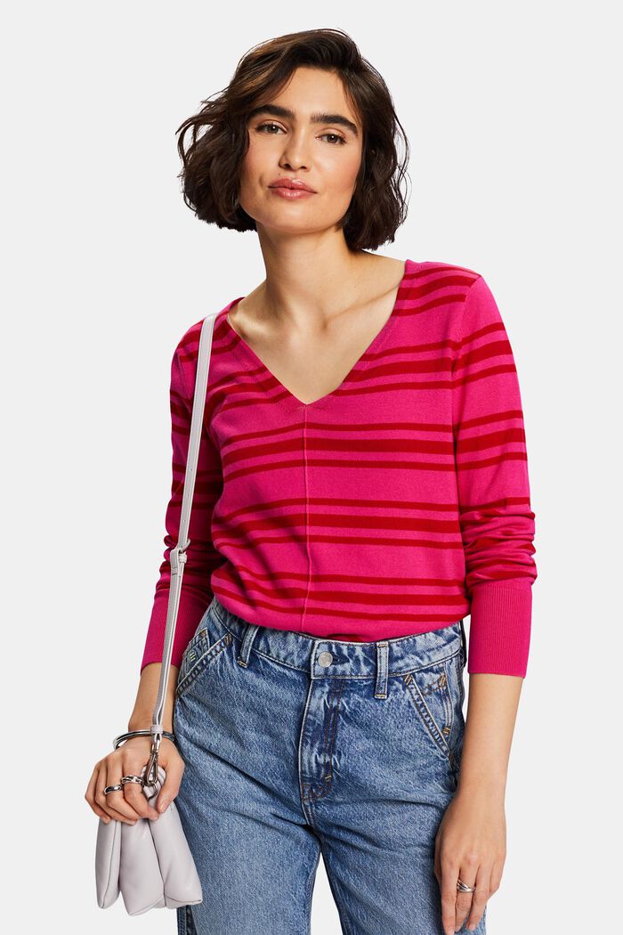 Striped Cotton V-Neck Sweater, PINK FUCHSIA, detail image number 0