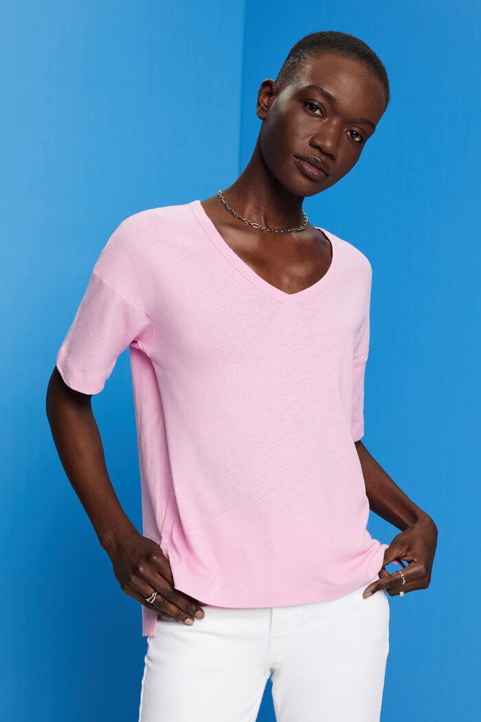 Linen blend V-neck t-shirt, LIGHT PINK, detail image number 4