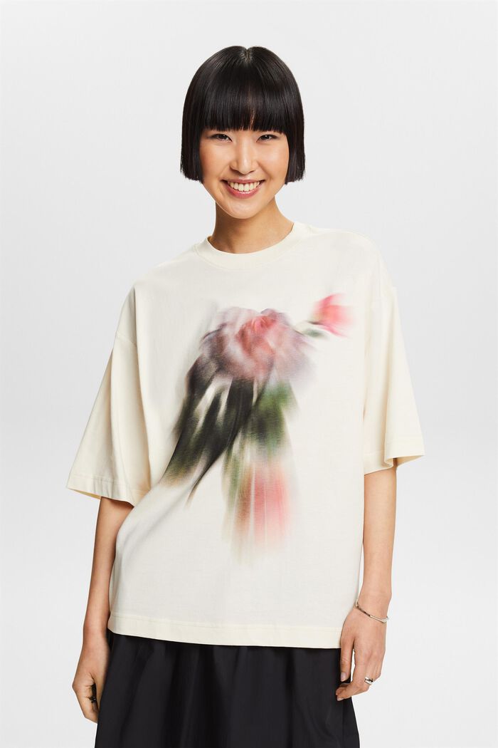 Graphic Print Oversized T-Shirt, CREAM BEIGE, detail image number 0