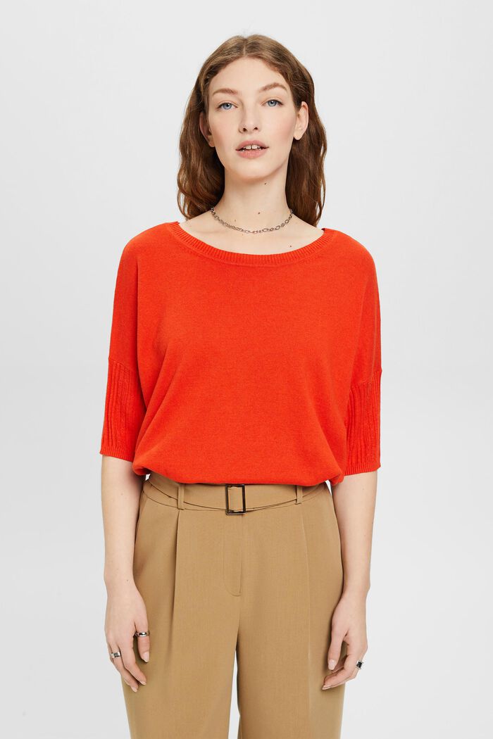 Knitted short-sleeved sweater with linen, ORANGE RED, detail image number 0