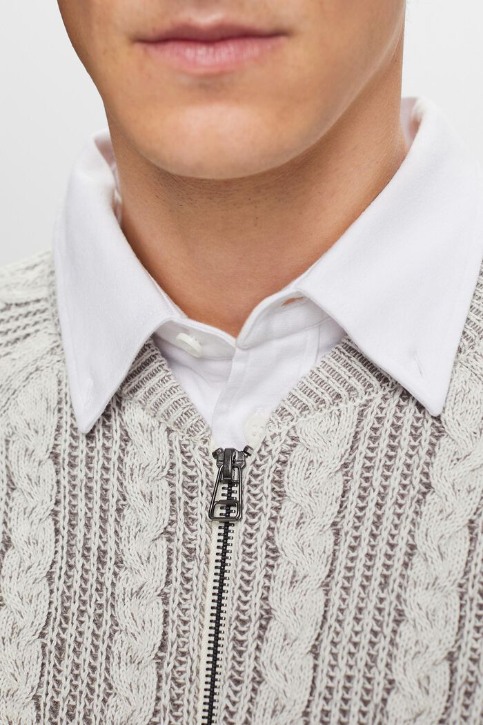 Cable-Knit Zipper Cardigan, BROWN GREY, detail image number 1