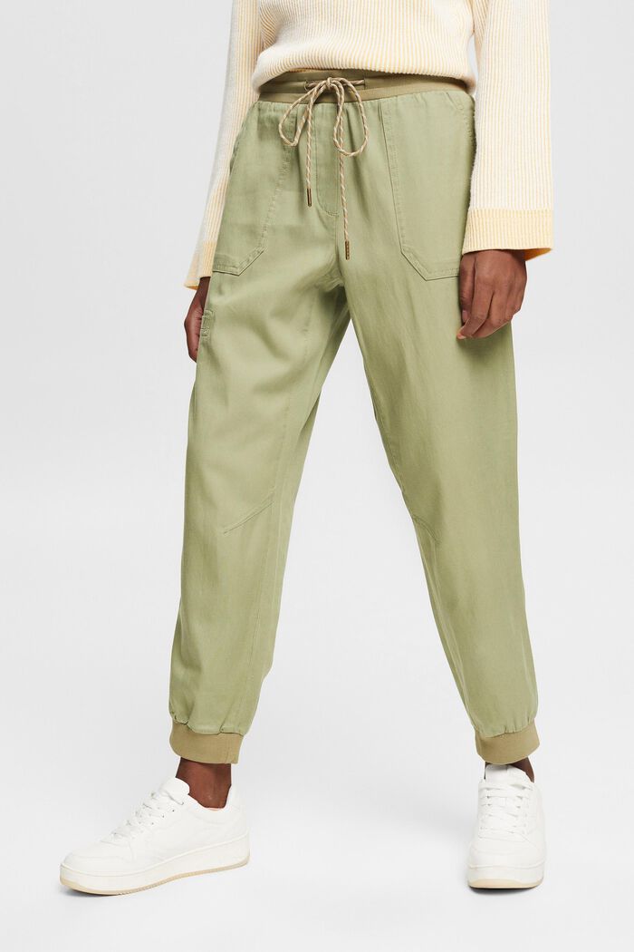 Containing TENCEL™: trousers in a tracksuit bottom style, LIGHT KHAKI, detail image number 0