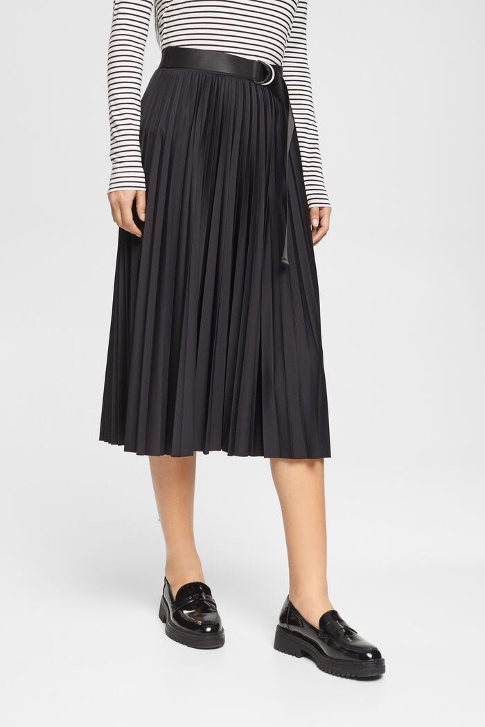 Pleated midi skirt with belt, BLACK, detail image number 0