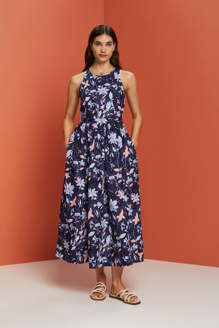 Patterned midi dress, 100% cotton, DARK BLUE, detail image number 0