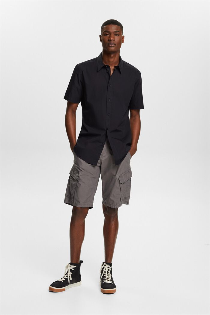 Cotton Poplin Short-Sleeve Shirt, BLACK, detail image number 1