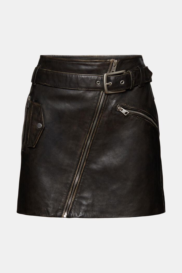 Asymmetric Zip Leather Mini Skirt, BLACK, detail image number 7