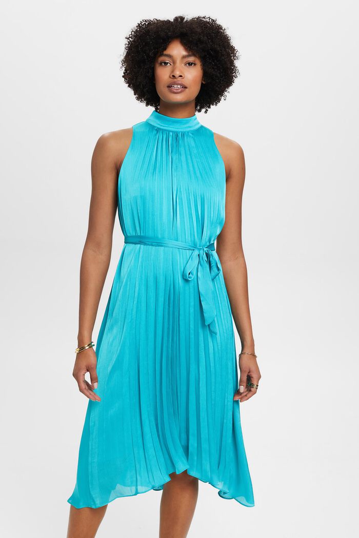 Pleated satin dress with tie belt, AQUA GREEN, detail image number 0