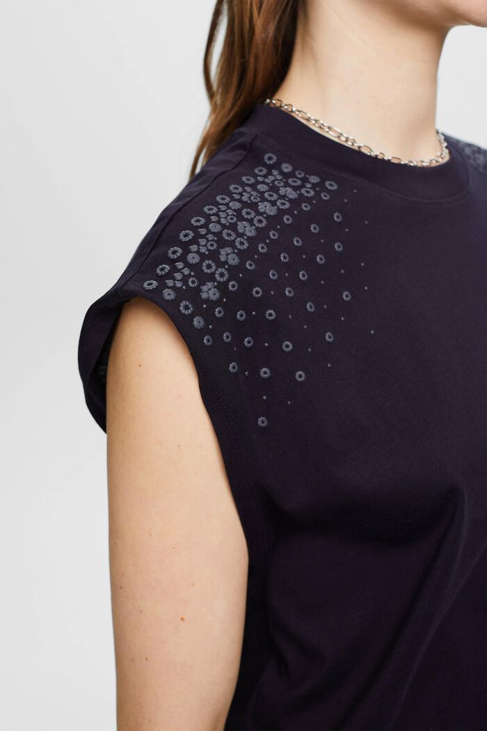 Sleeveless cotton t-shirt with embellished flowers, NAVY, detail image number 2