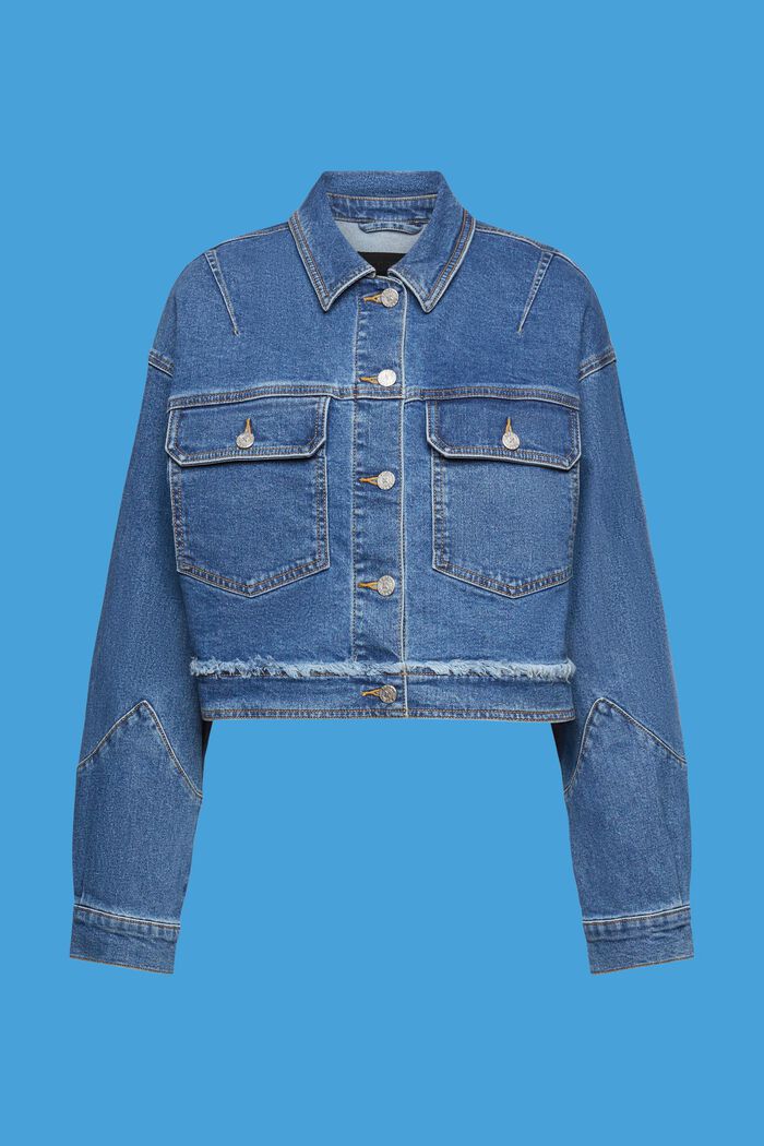 Frayed Cropped Denim Jacket, BLUE DARK WASHED, detail image number 6