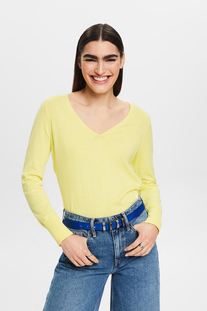 Cotton V-Neck Sweater, PASTEL YELLOW, detail image number 0