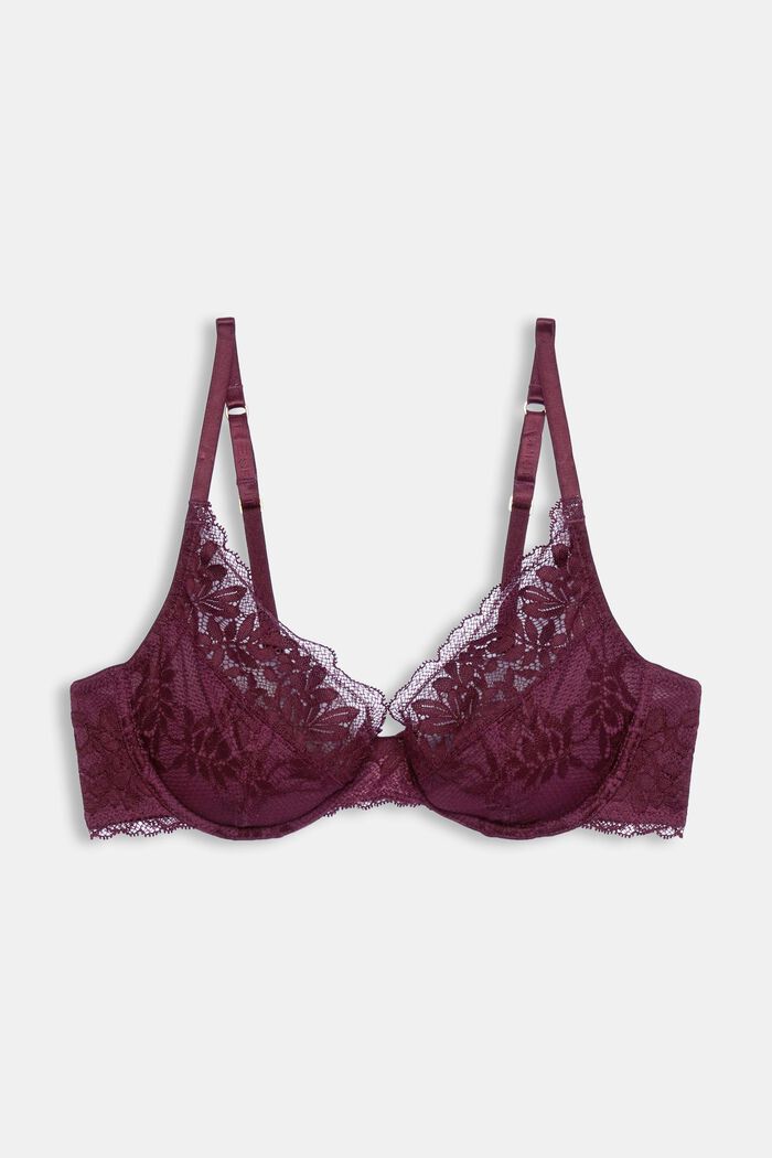 Made of recycled material: non-padded underwire bra with lace, BORDEAUX RED, detail image number 4