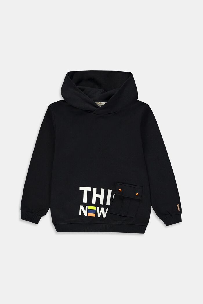 Cotton hoodie with positive print on front, BLACK, detail image number 0