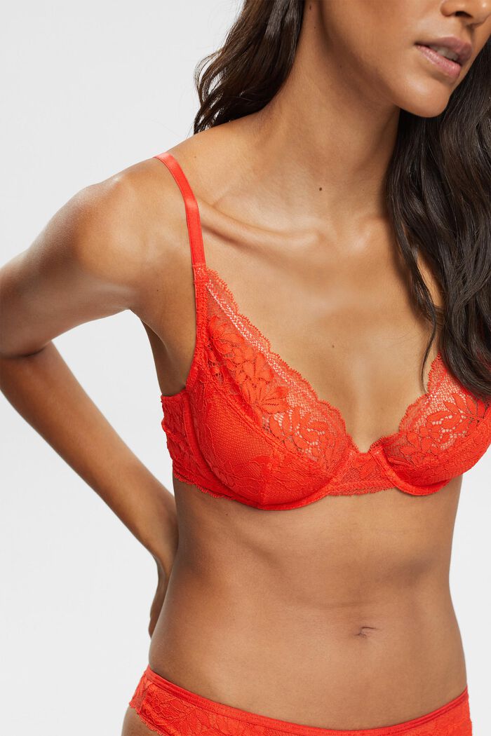 Made of recycled material: non-padded underwire bra with lace, RED ORANGE, detail image number 0