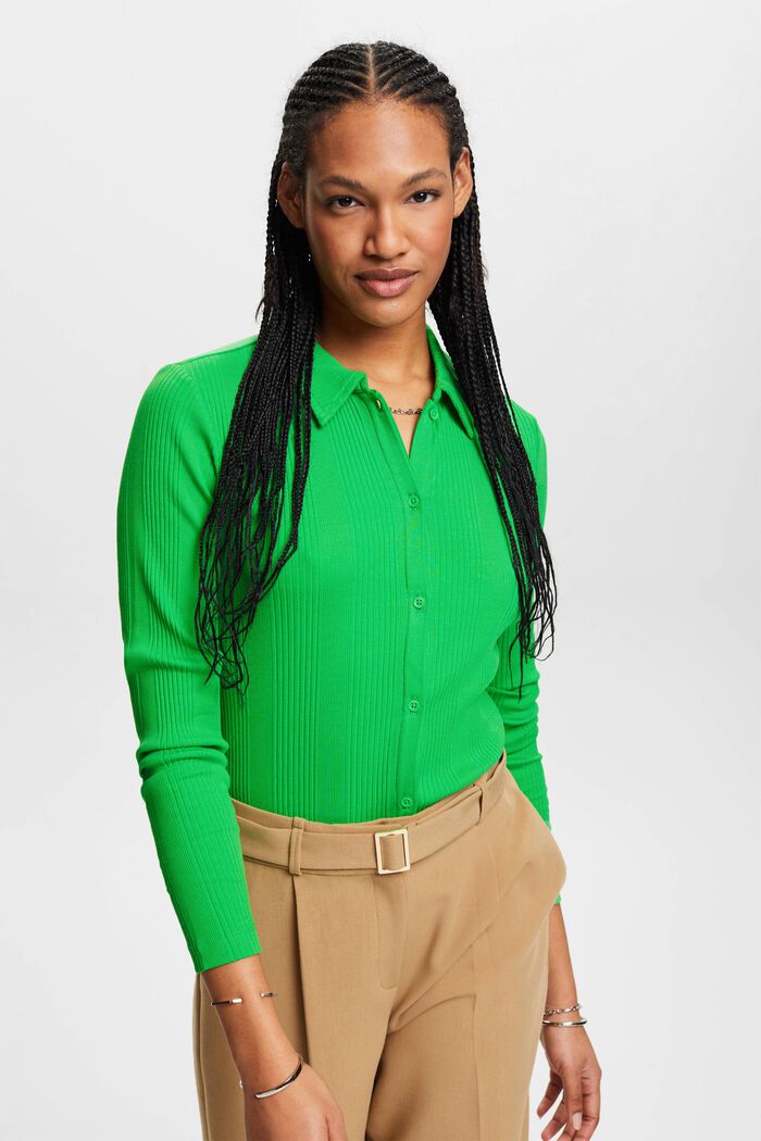 Ribbed long-sleeved polo shirt with buttons, GREEN, detail image number 0