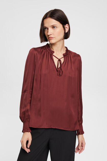 Satin ruffle collar blouse, LENZING™ ECOVERO™, BORDEAUX RED, overview