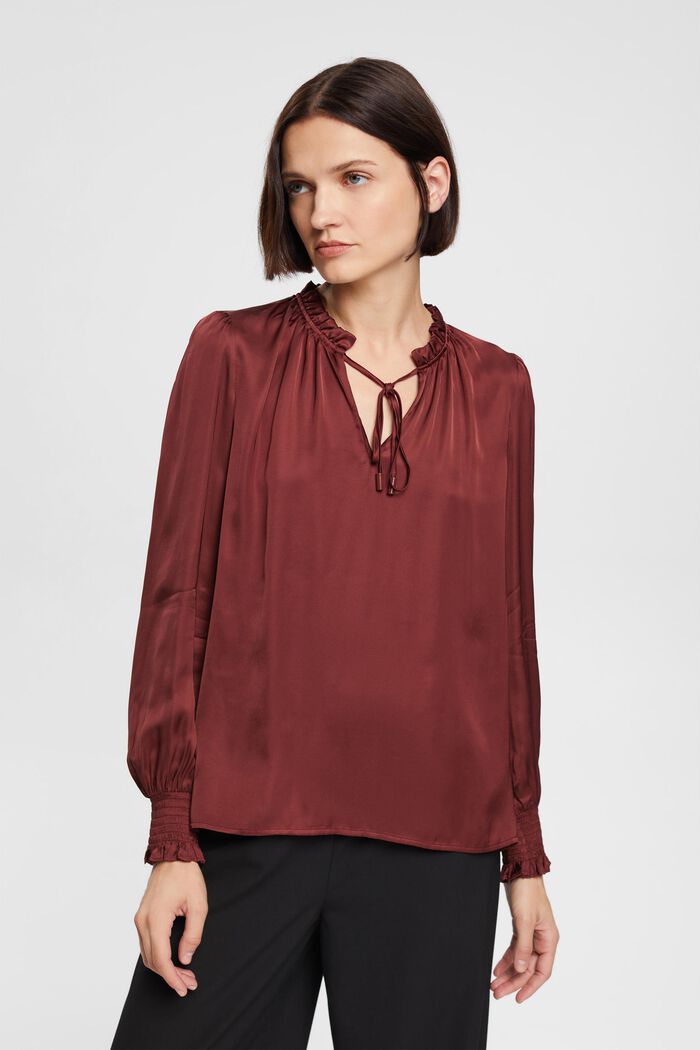 Satin ruffle collar blouse, LENZING™ ECOVERO™, BORDEAUX RED, detail image number 0