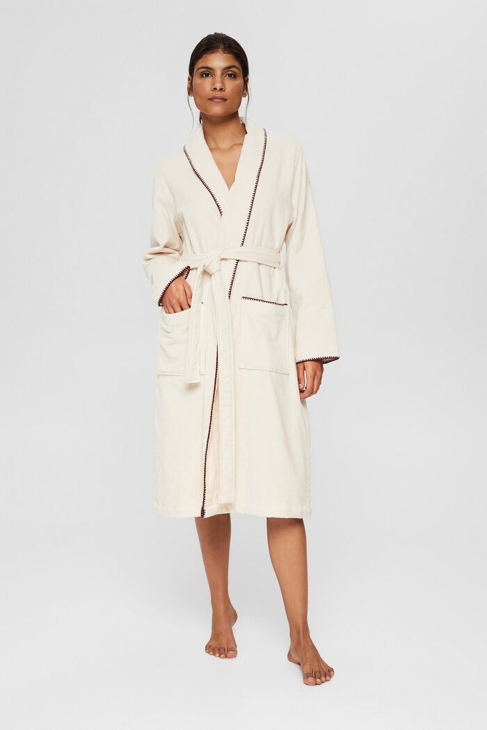 Velour bathrobe with embroidered edges, SAND, detail image number 0