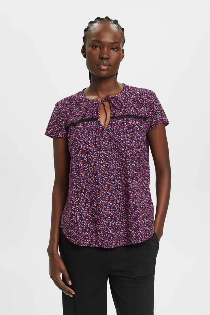 Short-sleeved cotton blouse with all-over pattern, BLACK, detail image number 0