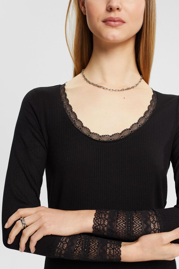 Ribbed long-sleeved top with lace details, BLACK, detail image number 0