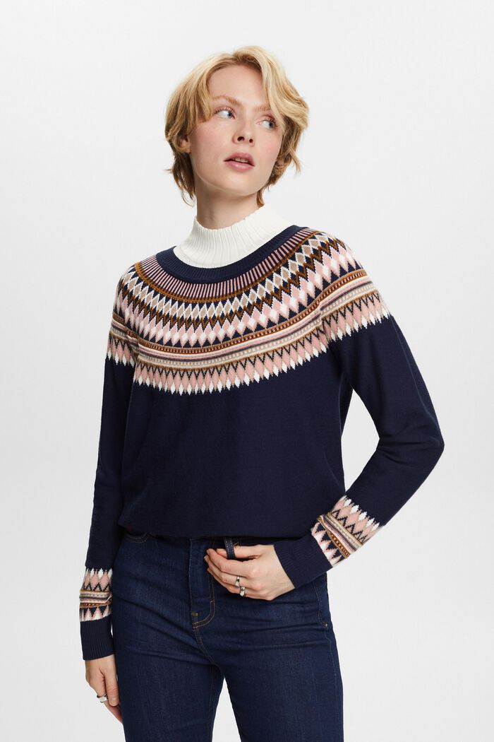 Cotton Jacquard Sweater, NAVY, detail image number 0