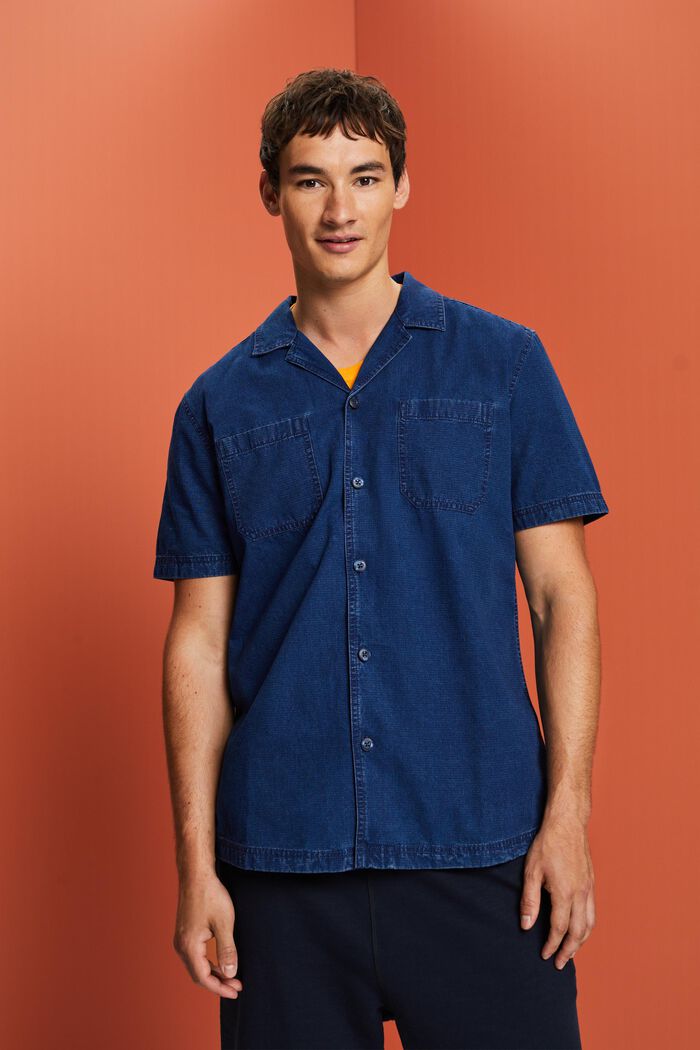Short sleeve jeans shirt, 100% cotton, BLUE DARK WASHED, detail image number 0