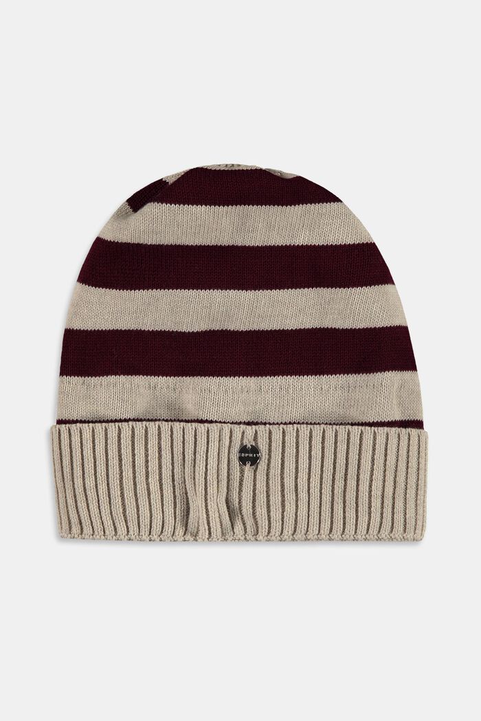 Knitted beanie hat with stripes, BORDEAUX RED, detail image number 0