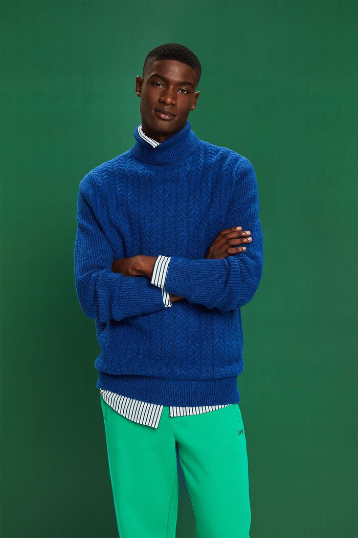 Cable Knit Rollneck Sweater, BRIGHT BLUE, detail image number 1