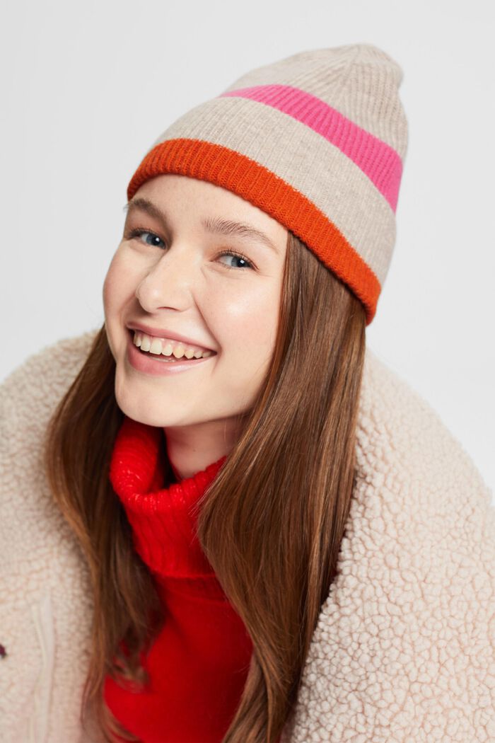 Wool blend beanie hat with coloured stripes