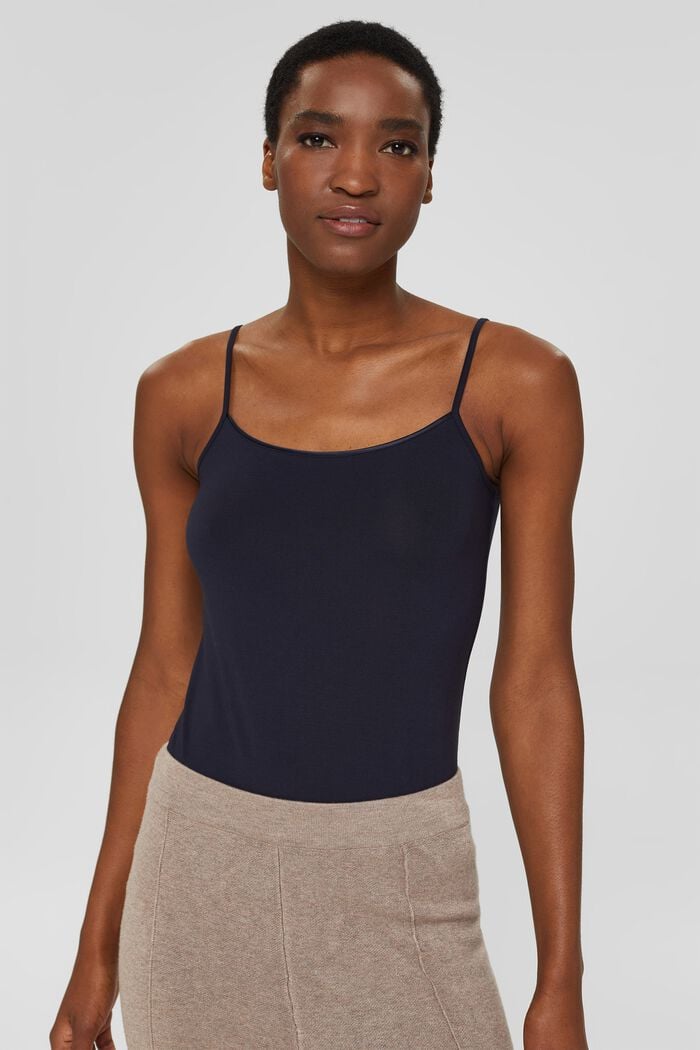 Stretch top with satin trim, NAVY, detail image number 0