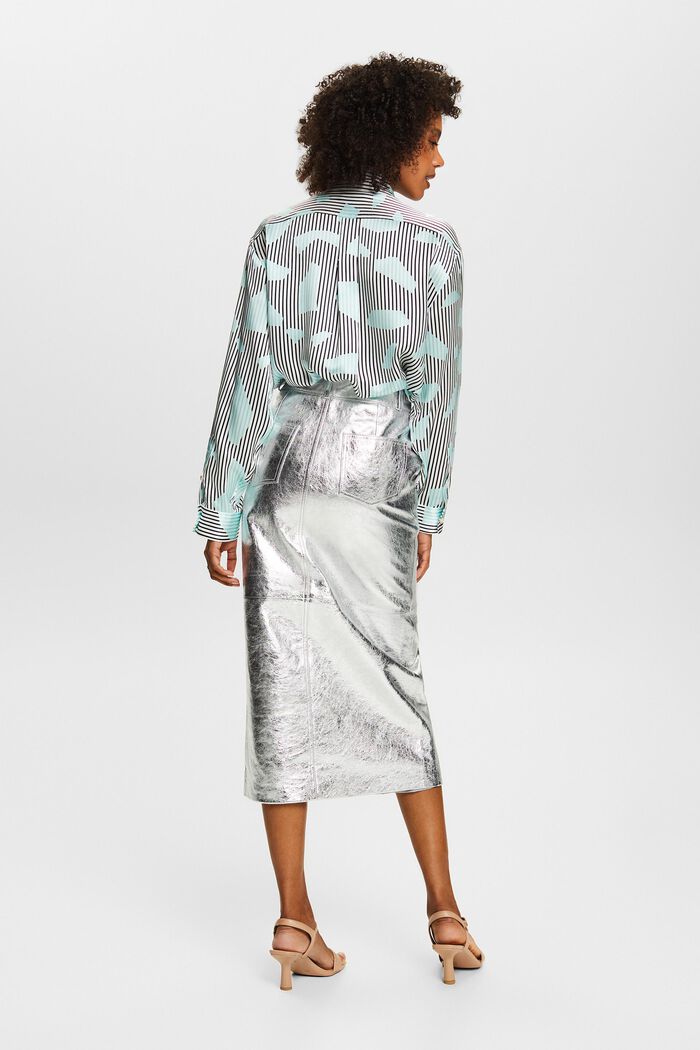 Coated Metallic Leather Skirt, SILVER, detail image number 2