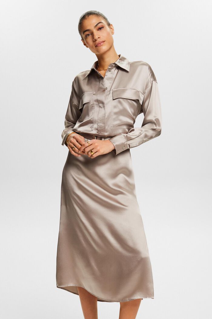 Silk Satin Belted Midi Dress, LIGHT TAUPE, detail image number 0