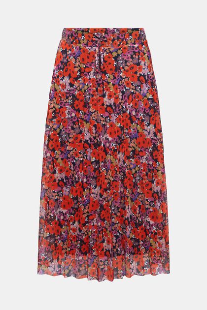 Pleated mesh midi skirt with floral pattern