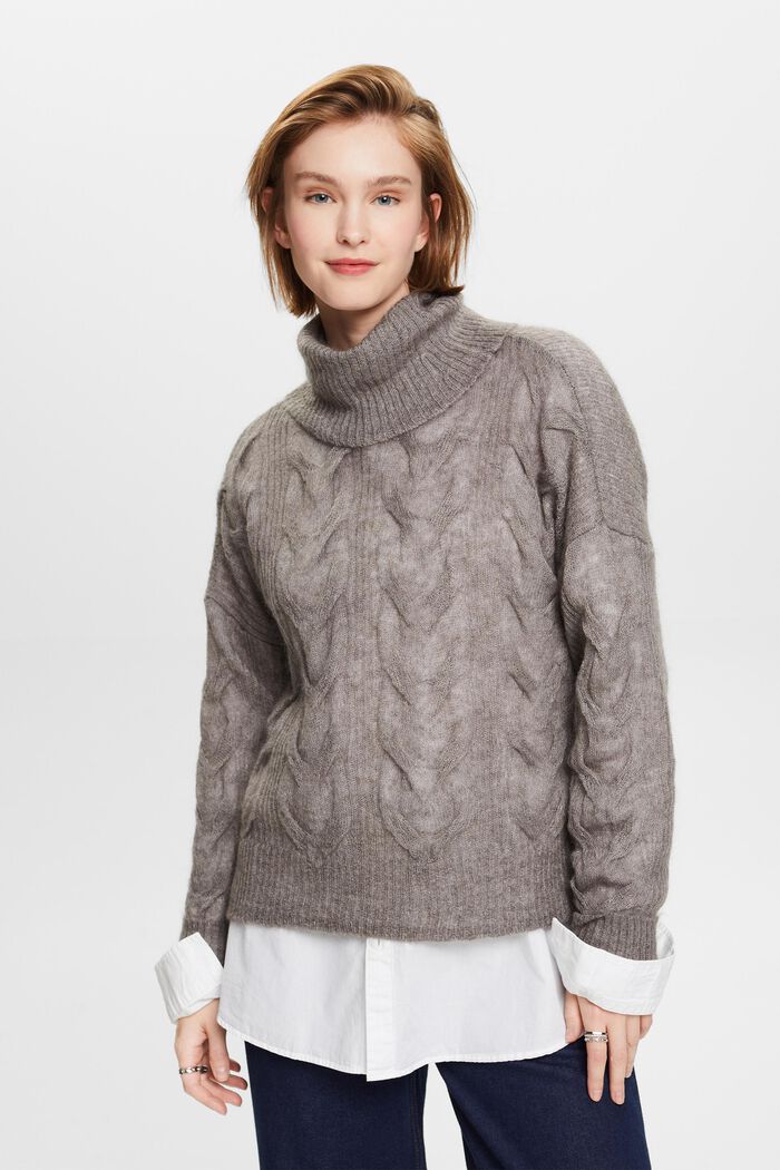 Cable-Knit Mohair-Blend Turtleneck, BROWN GREY, detail image number 1